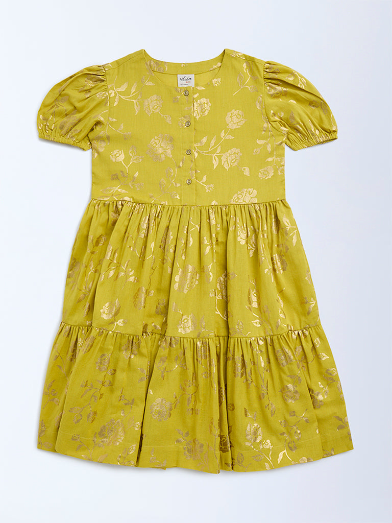 Utsa Kids Lime Floral Pattern Tiered Cotton-Blend Dress - (8-14yrs)