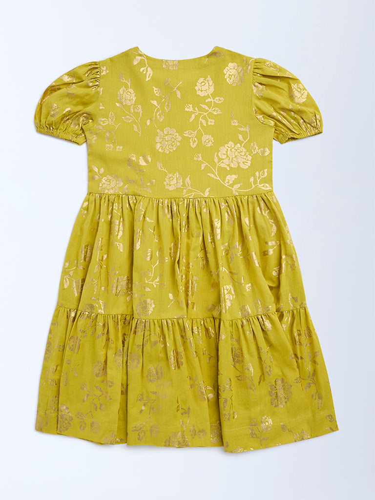 Utsa Kids Lime Floral Pattern Tiered Cotton-Blend Dress - (8-14yrs)