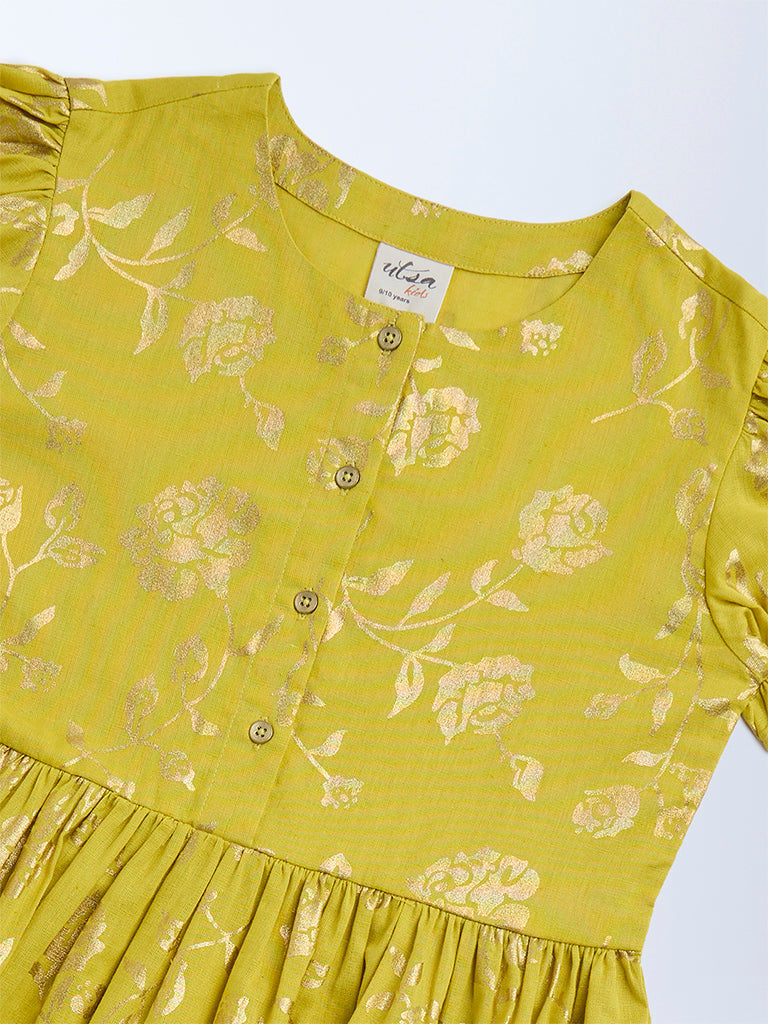 Utsa Kids Lime Floral Pattern Tiered Cotton-Blend Dress - (8-14yrs)