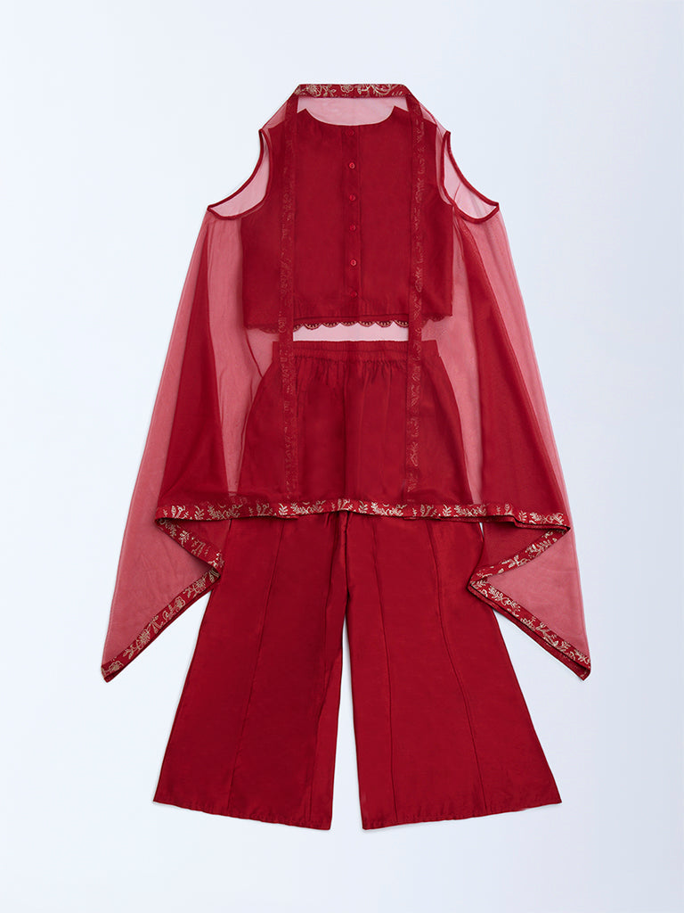 Utsa Kids Red Floral Embroidered Ethnic Set - (8-14yrs)