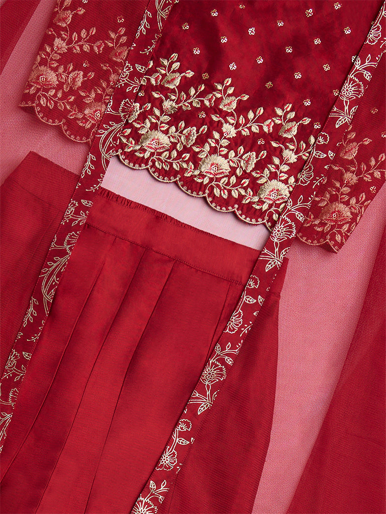 Utsa Kids Red Floral Embroidered Ethnic Set - (8-14yrs)