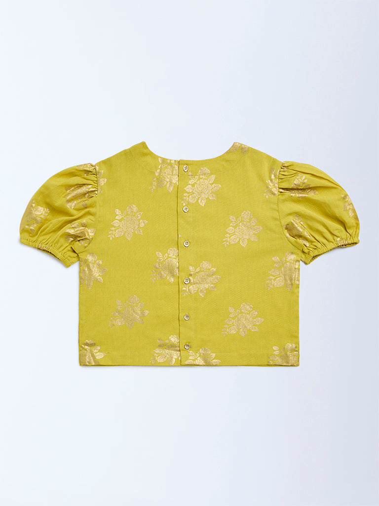 Utsa Kids Lime Floral Pattern Cotton-Blend Ethnic Top - (8-14yrs)