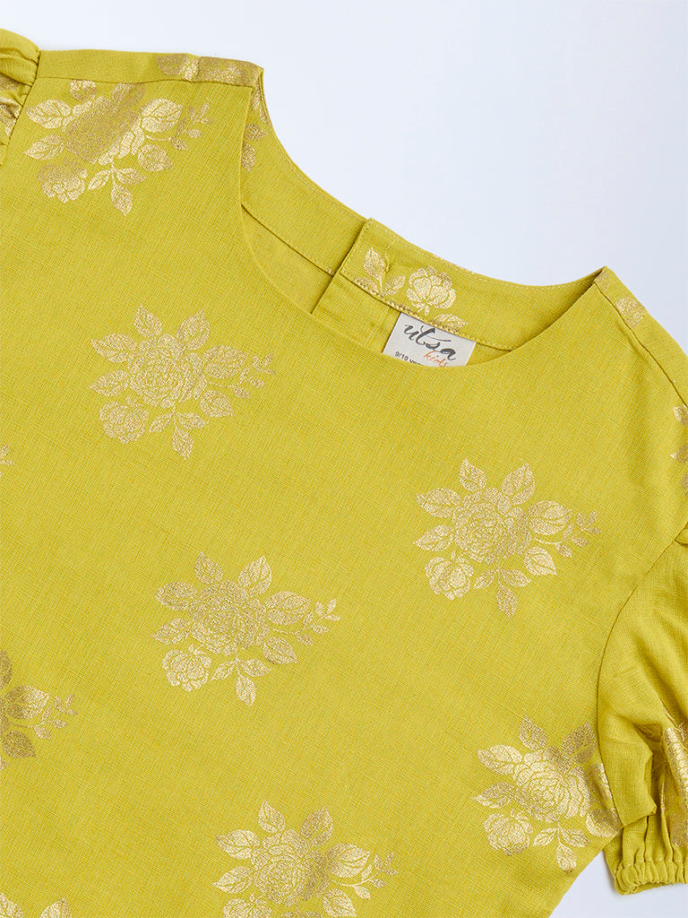 Utsa Kids Lime Floral Pattern Cotton-Blend Ethnic Top - (8-14yrs)