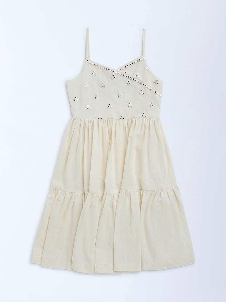 Utsa Kids Off-White Mirror-Work Detailed Cotton Tiered Dress - (8-14yrs)