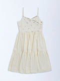 Utsa Kids Off-White Mirror-Work Detailed Cotton Tiered Dress - (8-14yrs)