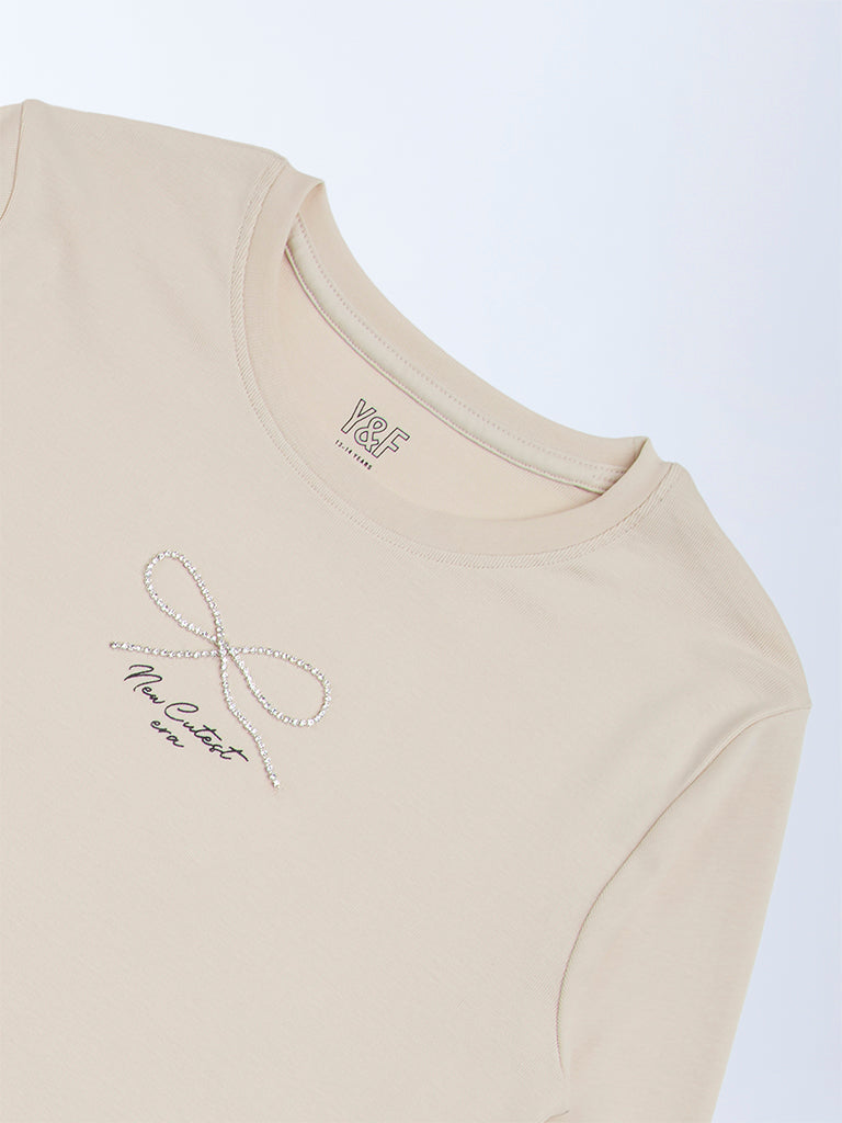 Y&F Kids Beige Bow-Detailed Cotton-Blend Top