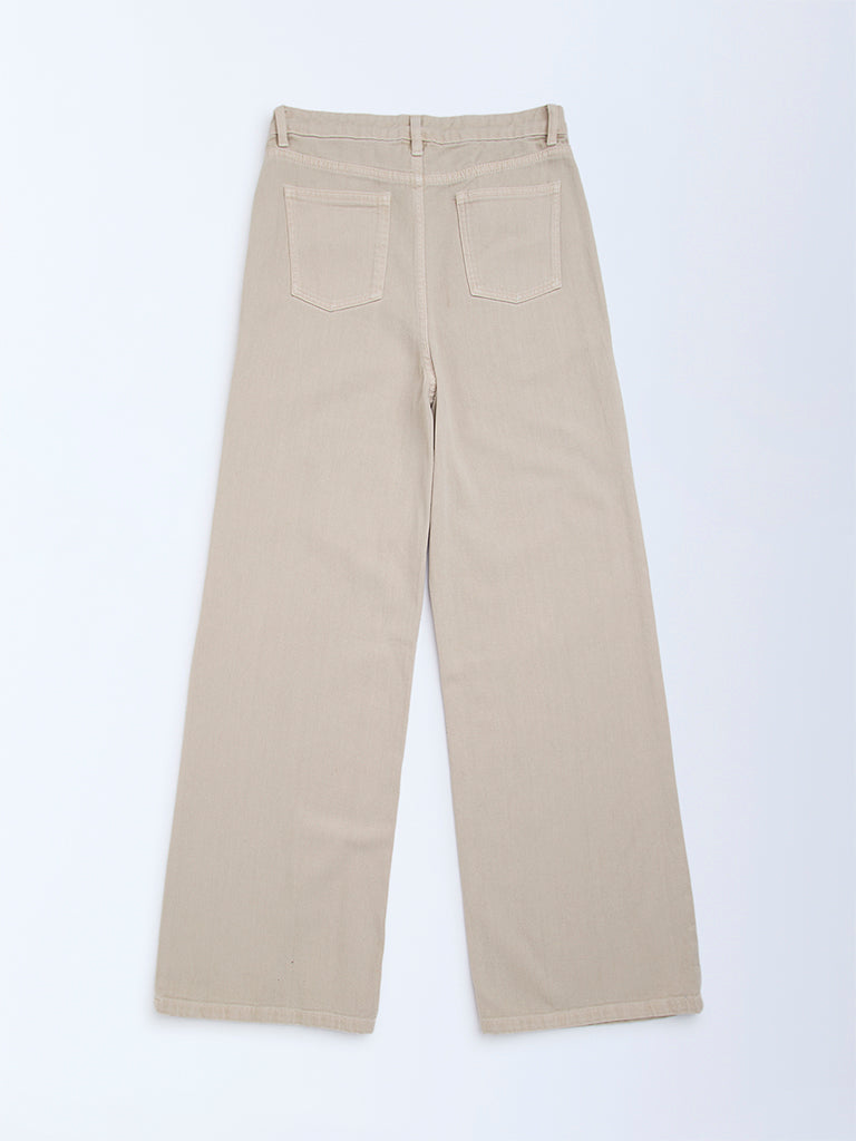 Y&F Kids Beige Solid Relaxed-Fit Mid-Rise Jeans