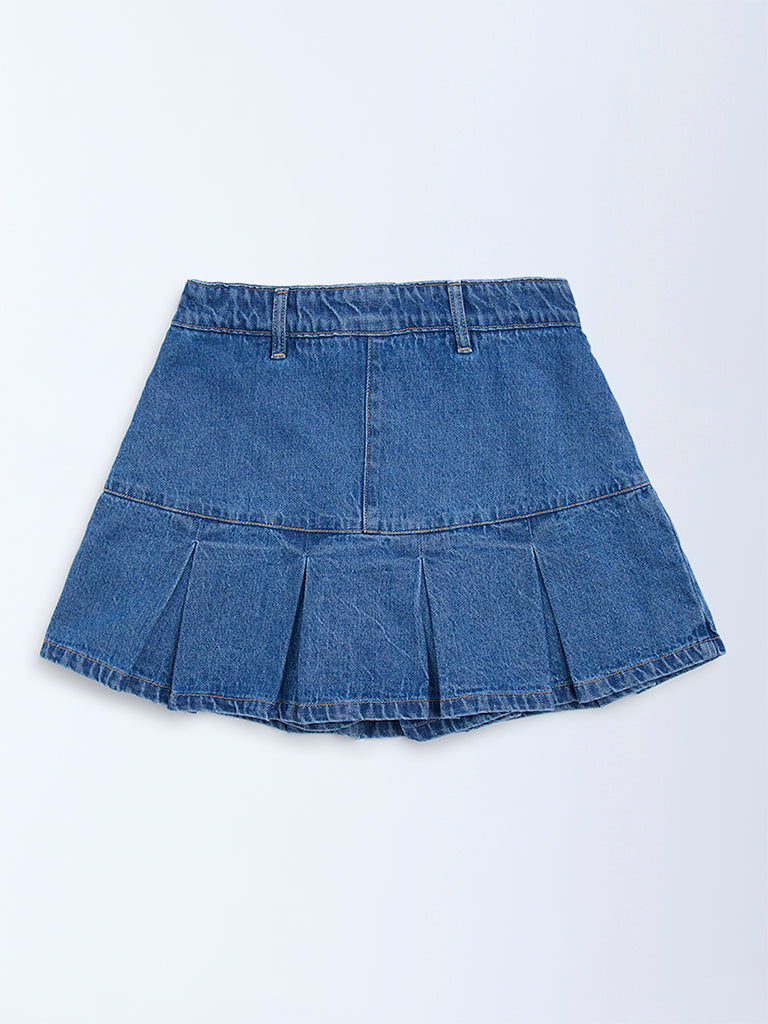 Y&F Kids Blue Box Pleated High-Rise Denim Skirt