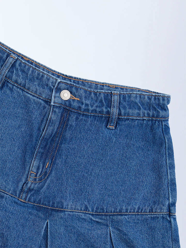 Y&F Kids Blue Box Pleated High-Rise Denim Skirt
