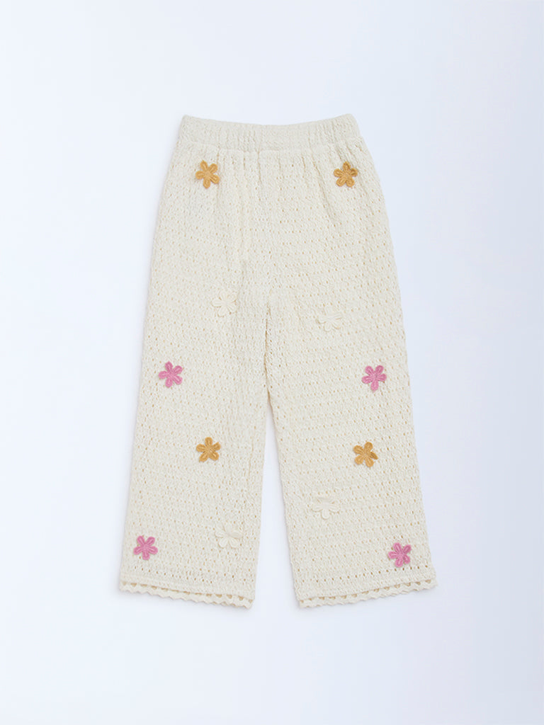 HOP Kids Off-White Floral Applique-Detailed High-Rise Cotton Pants