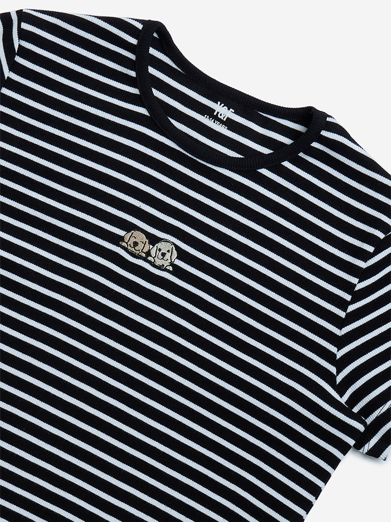 Y&F Kids Black Striped Cotton T-Shirt