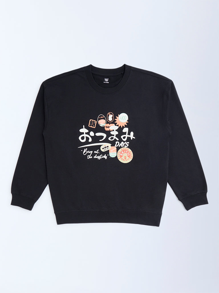Y&F Kids Black Printed Cotton Sweatshirt