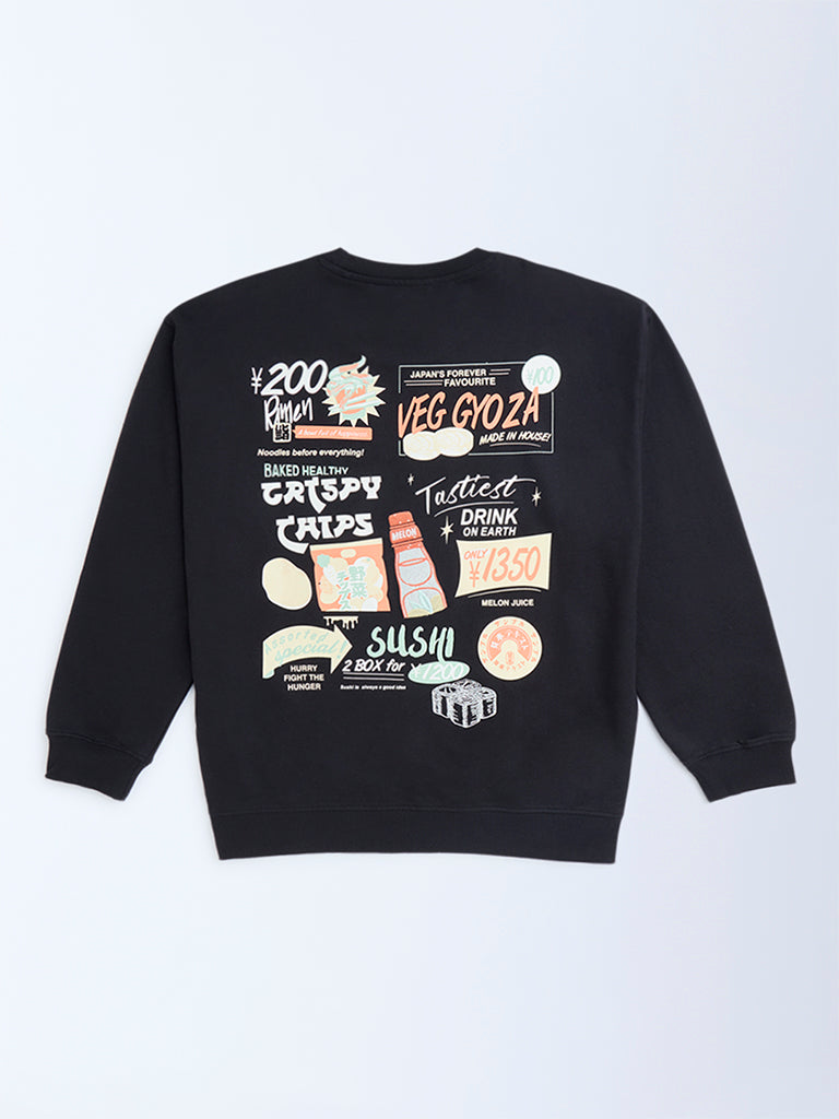 Y&F Kids Black Printed Cotton Sweatshirt