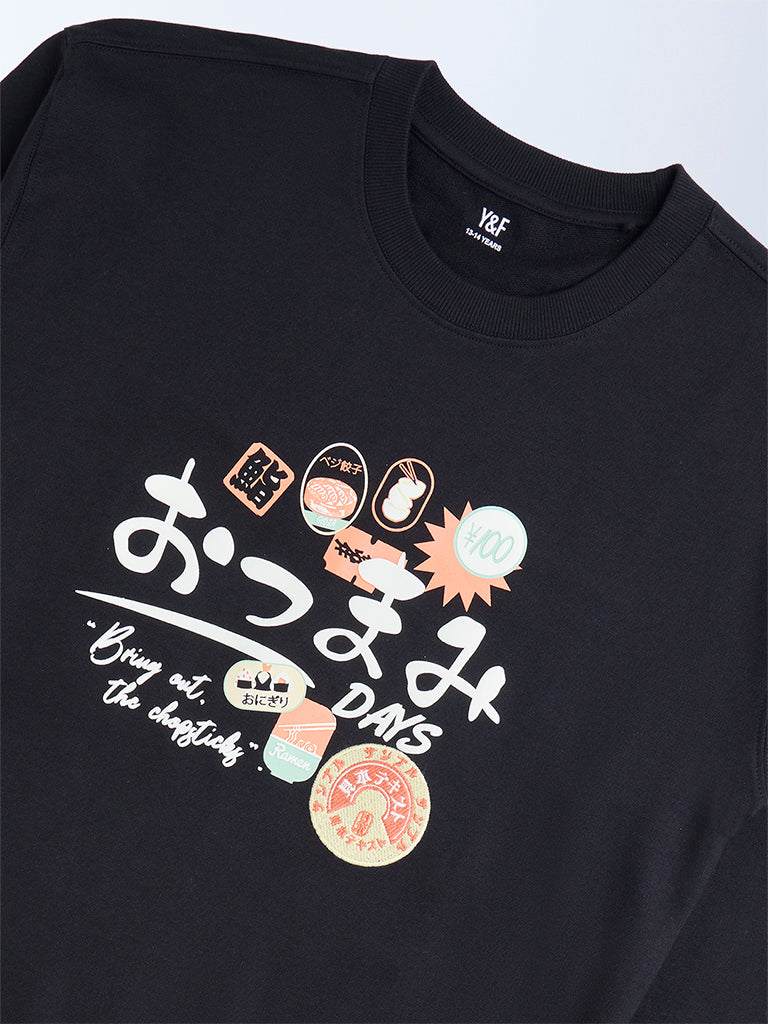 Y&F Kids Black Printed Cotton Sweatshirt
