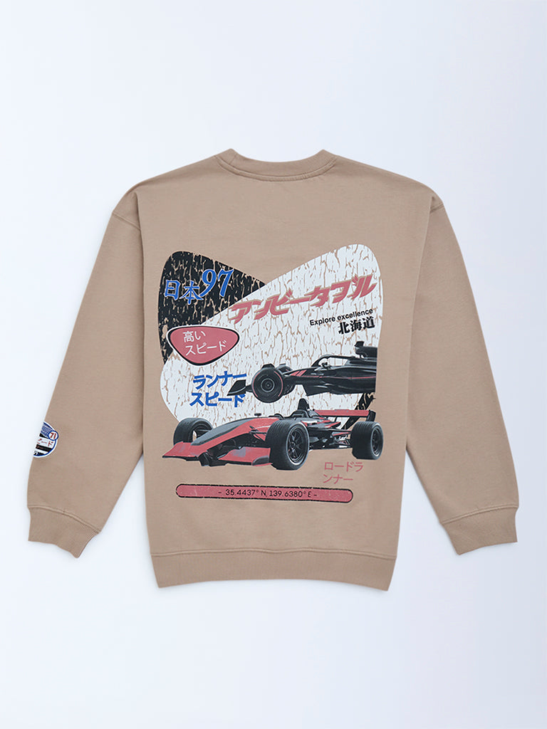 Y&F Kids Beige Graphic Printed Cotton-Blend Sweatshirt