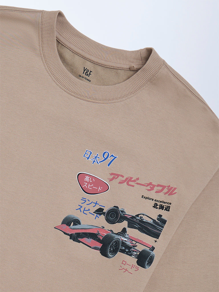 Y&F Kids Beige Graphic Printed Cotton-Blend Sweatshirt
