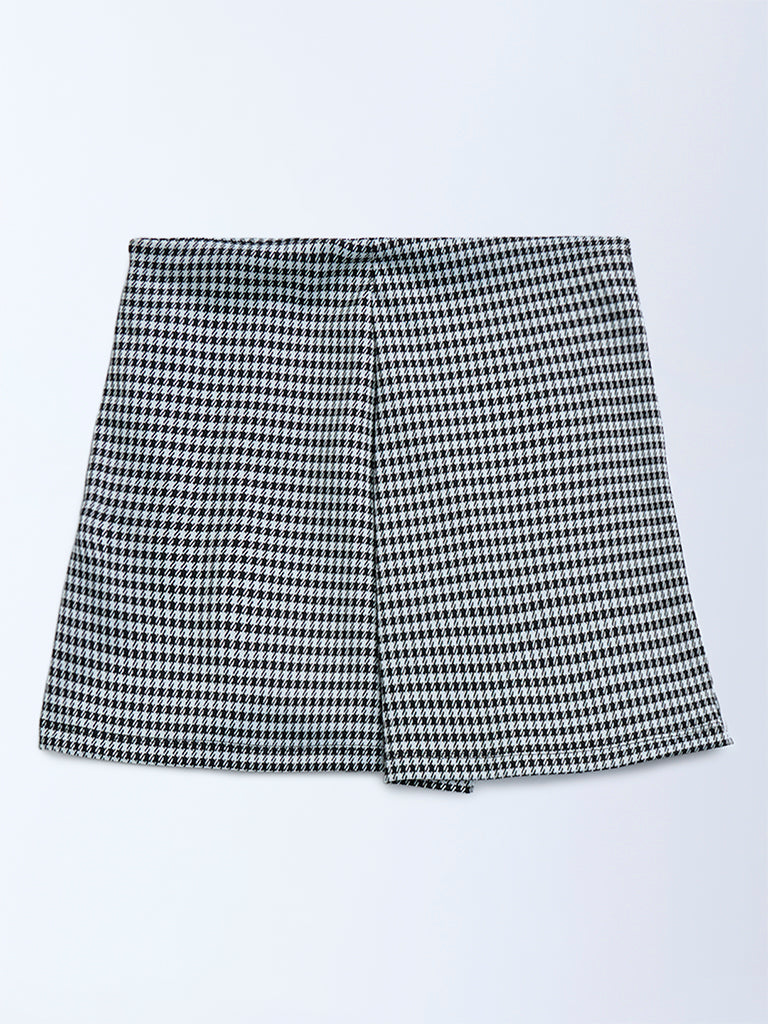 Y&F Kids Black Houndstooth Checkered High-Rise Skort