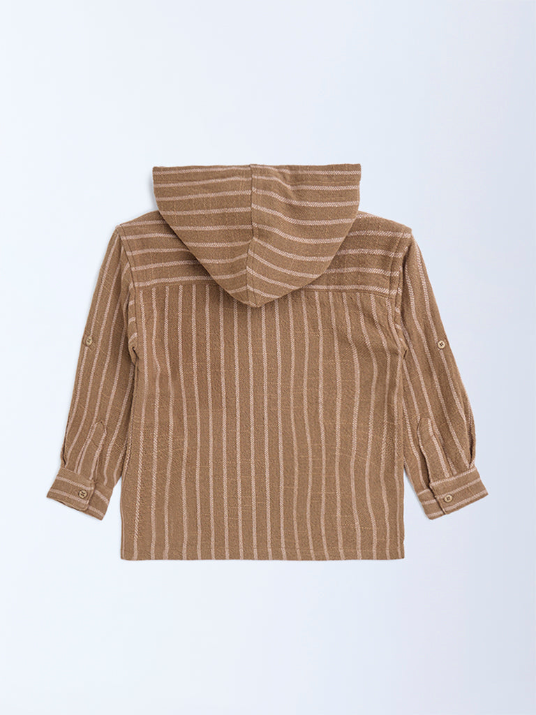 HOP Kids Taupe Striped Cotton Hoodie