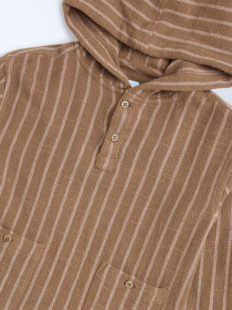HOP Kids Taupe Striped Cotton Hoodie