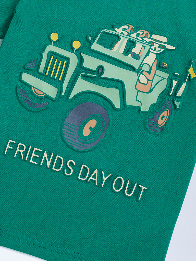 HOP Kids Green Embossed Cotton T-Shirt