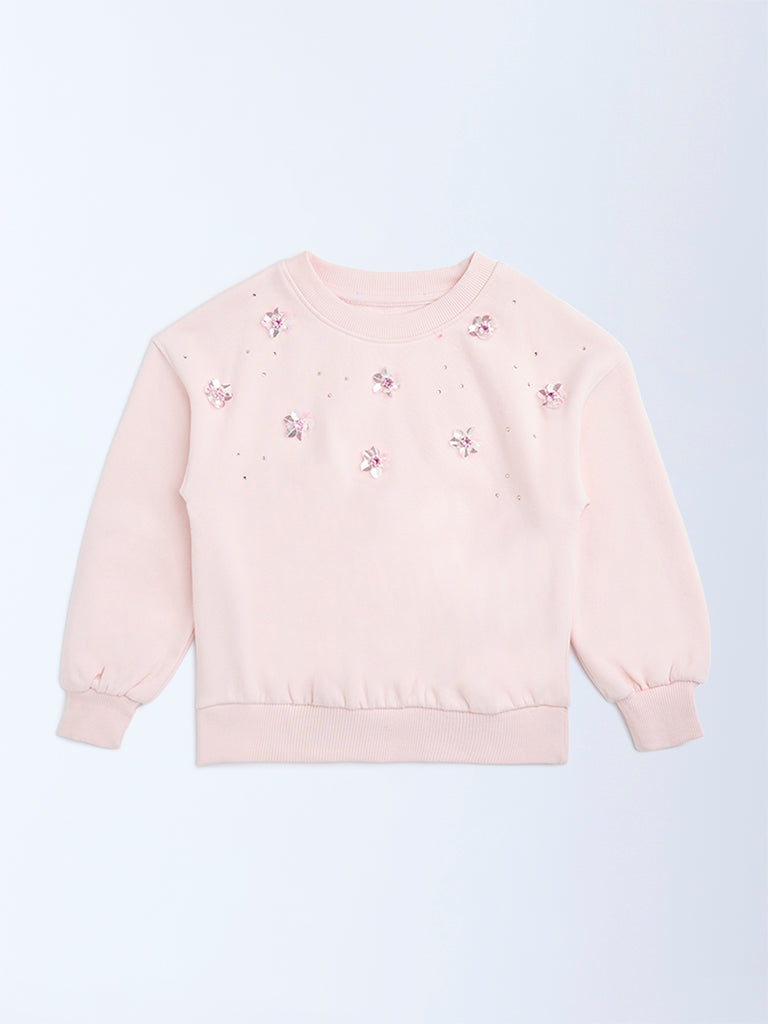 HOP Kids Light Pink Floral Applique Cotton-Blend Sweatshirt