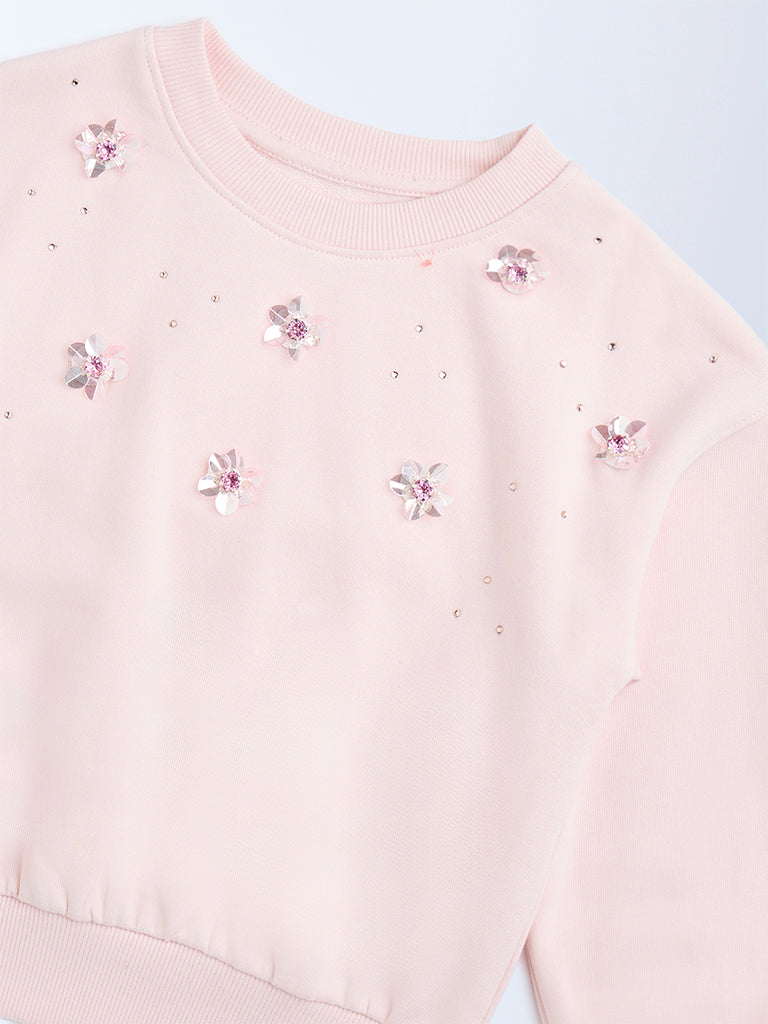 HOP Kids Light Pink Floral Applique Cotton-Blend Sweatshirt