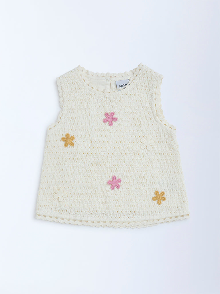 HOP Kids Off-White Floral Embroidered Cotton Top