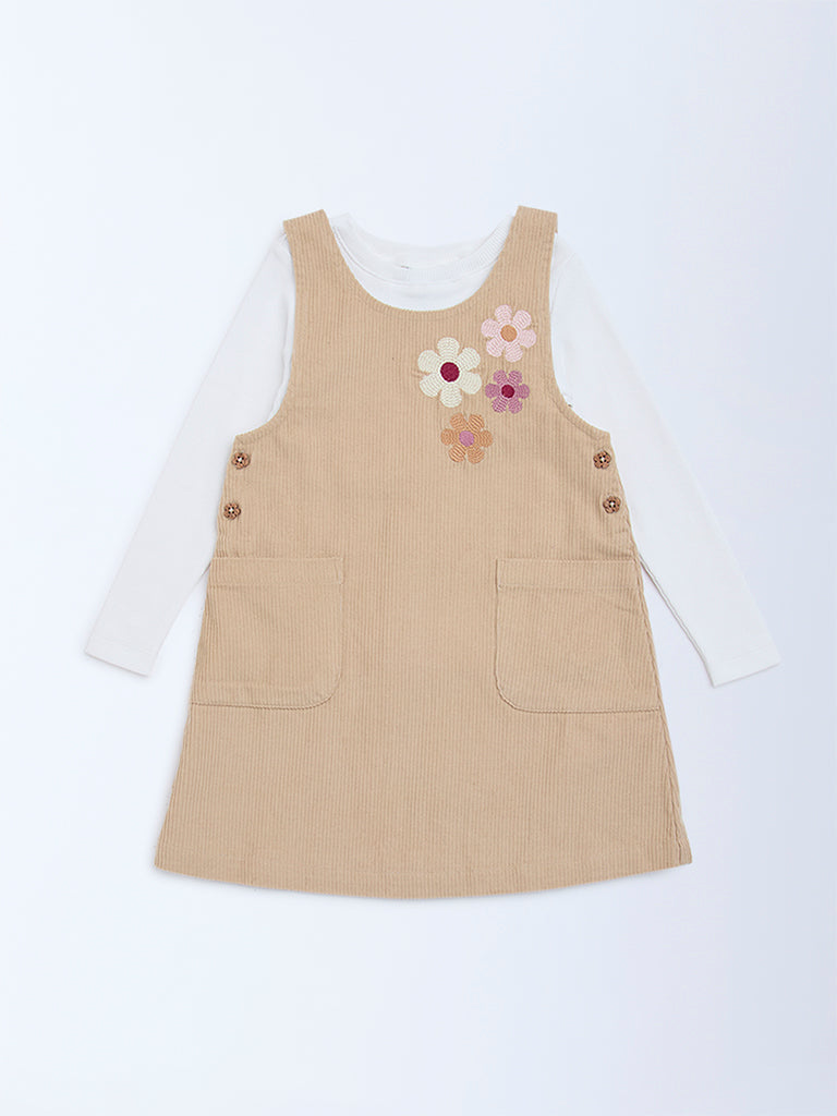 HOP Kids Beige Embroidered Cotton T-Shirt and Pinafore Set