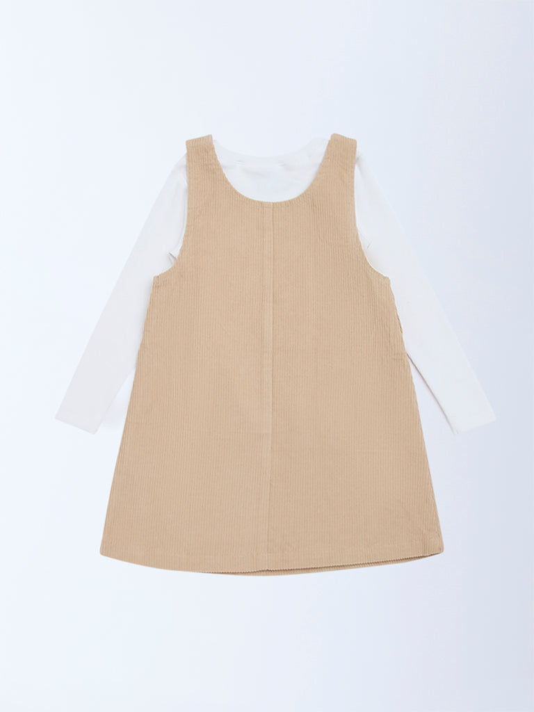 HOP Kids Beige Embroidered Cotton T-Shirt and Pinafore Set