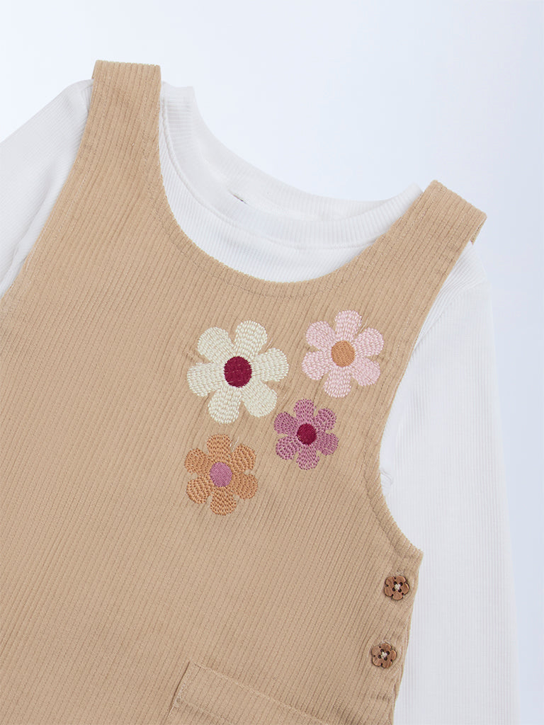 HOP Kids Beige Embroidered Cotton T-Shirt and Pinafore Set