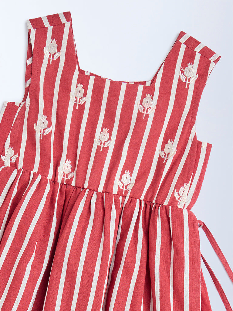 Utsa Kids Red Striped Cotton-Blend A-Line Dress - (2-8yrs)