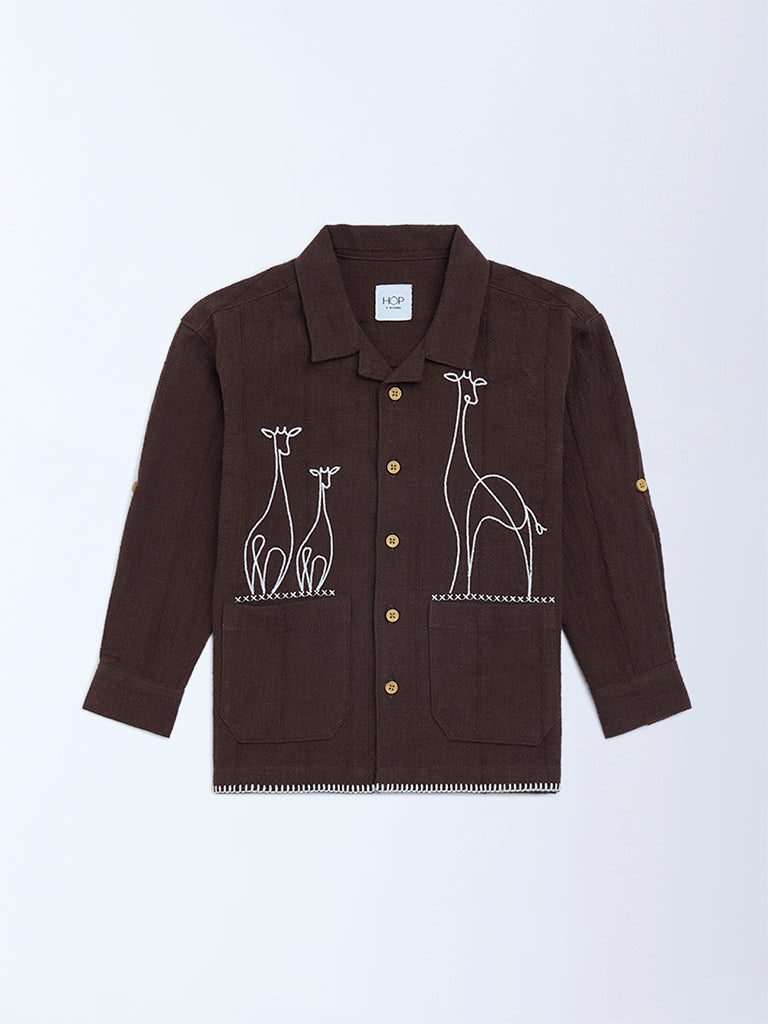 HOP Kids Dark Brown Embroidered Resort-Fit Cotton Shirt