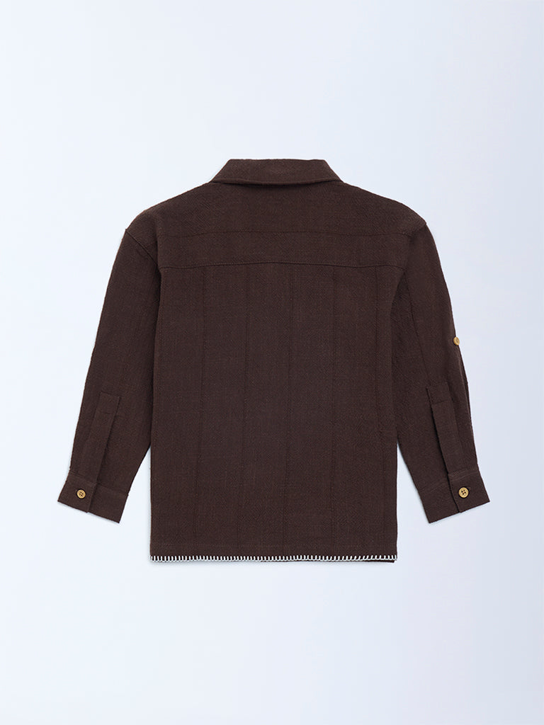 HOP Kids Dark Brown Embroidered Resort-Fit Cotton Shirt