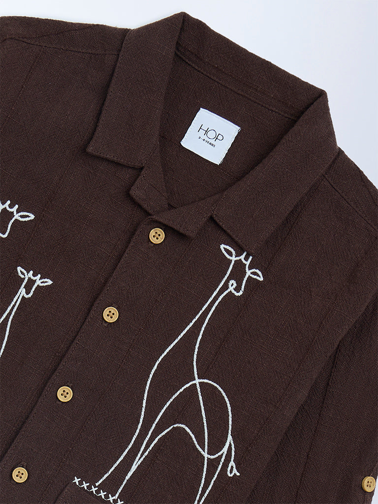 HOP Kids Dark Brown Embroidered Resort-Fit Cotton Shirt