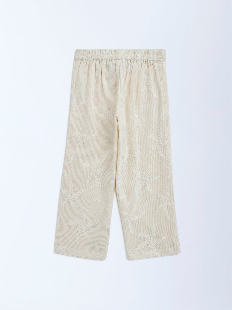 HOP Kids Beige Leaf Embroidered High-Rise Cotton-Blend Trousers