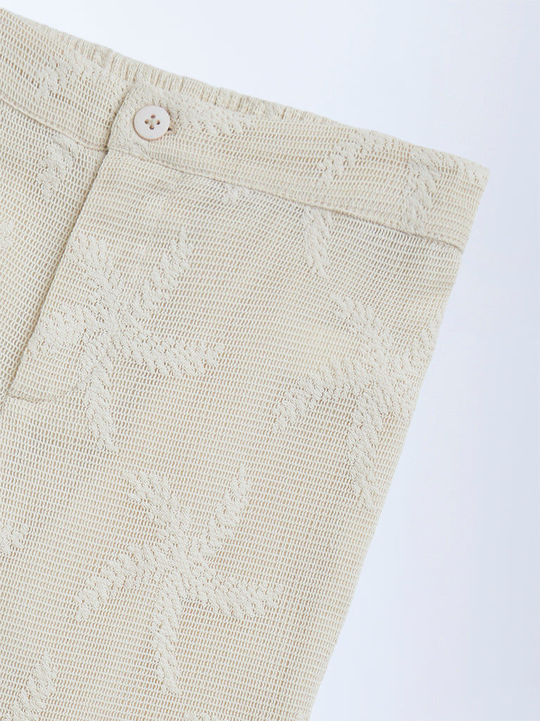 HOP Kids Beige Leaf Embroidered High-Rise Cotton-Blend Trousers
