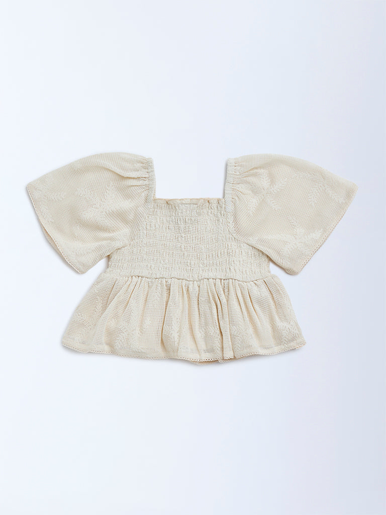 HOP Kids Beige Leaf Embroidered Cotton-Blend Top