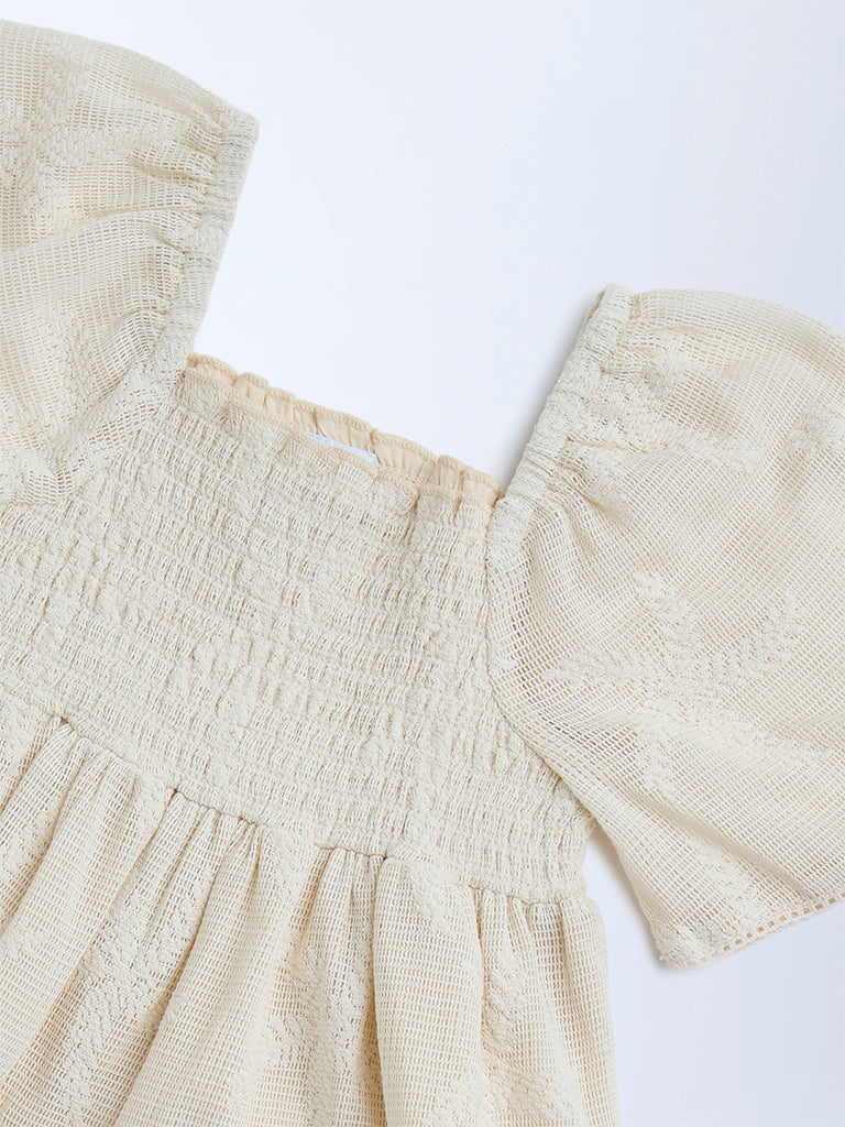 HOP Kids Beige Leaf Embroidered Cotton-Blend Top