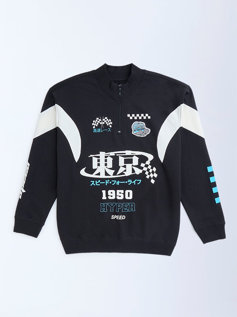 Y&F Kids Black Printed Cotton Quarter-Zip Sweatshirt