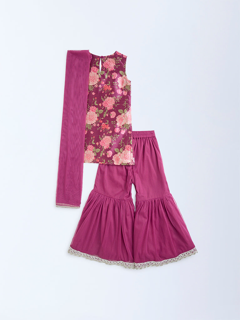 Utsa Kids Magenta Floral Pattern Ethnic Set - (2-8yrs)