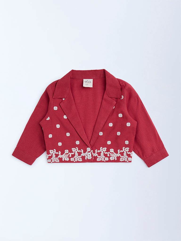 Utsa Kids Red Jamdani Cotton-Blend Jacket - (2-8yrs)
