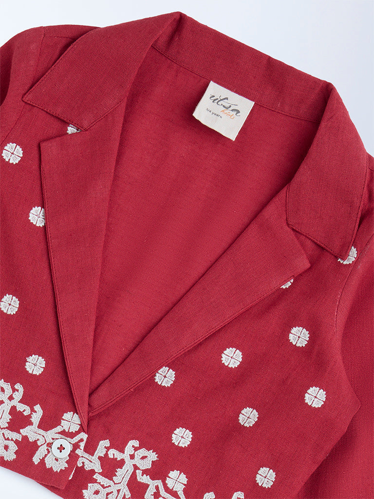 Utsa Kids Red Jamdani Cotton-Blend Jacket - (2-8yrs)