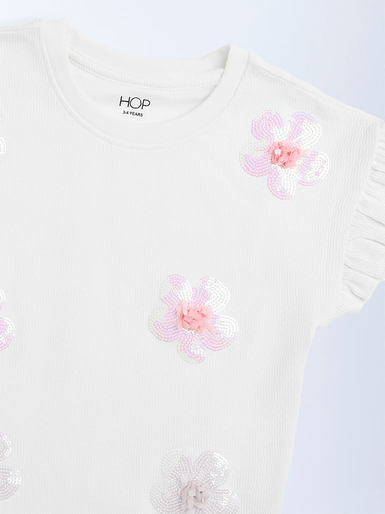 HOP Kids Off-White Floral Embellished Cotton Top