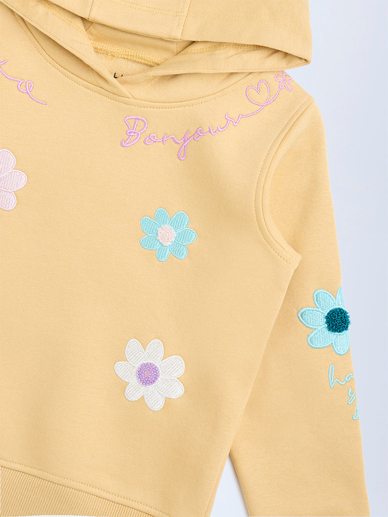 HOP Kids Mustard Floral Embroidered Cotton-Blend Hoodie