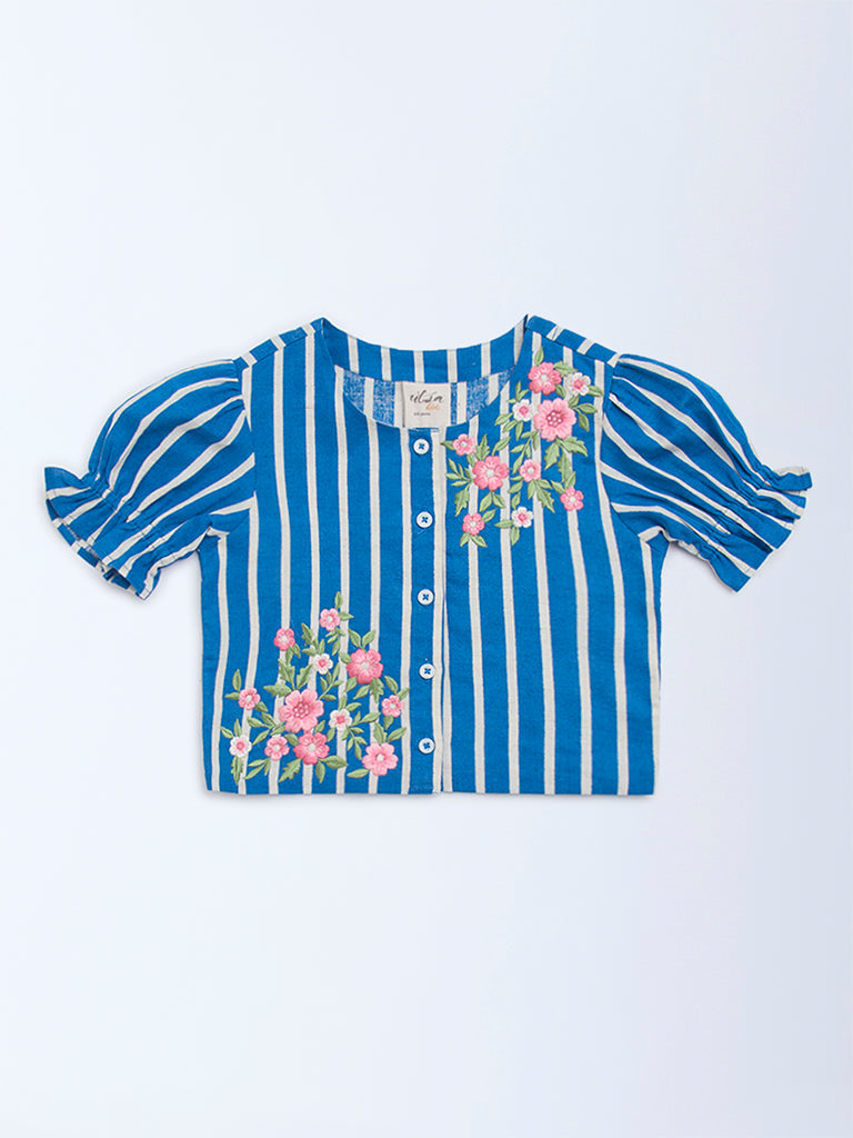 Utsa Kids Blue Floral Embroidered Cotton-Blend Top - (2-8yrs)