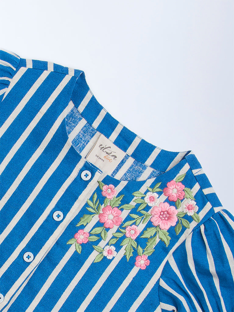 Utsa Kids Blue Floral Embroidered Cotton-Blend Top - (2-8yrs)
