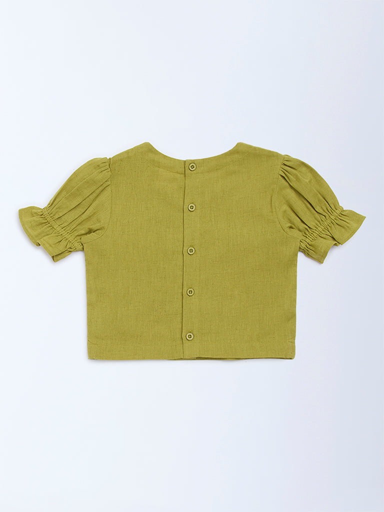 Utsa Kids Green Floral Embroidered Cotton-Blend Top - (2-8yrs)