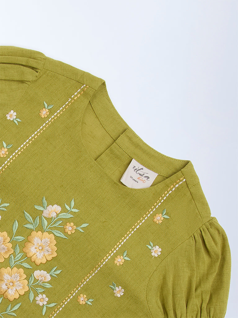 Utsa Kids Green Floral Embroidered Cotton-Blend Top - (2-8yrs)