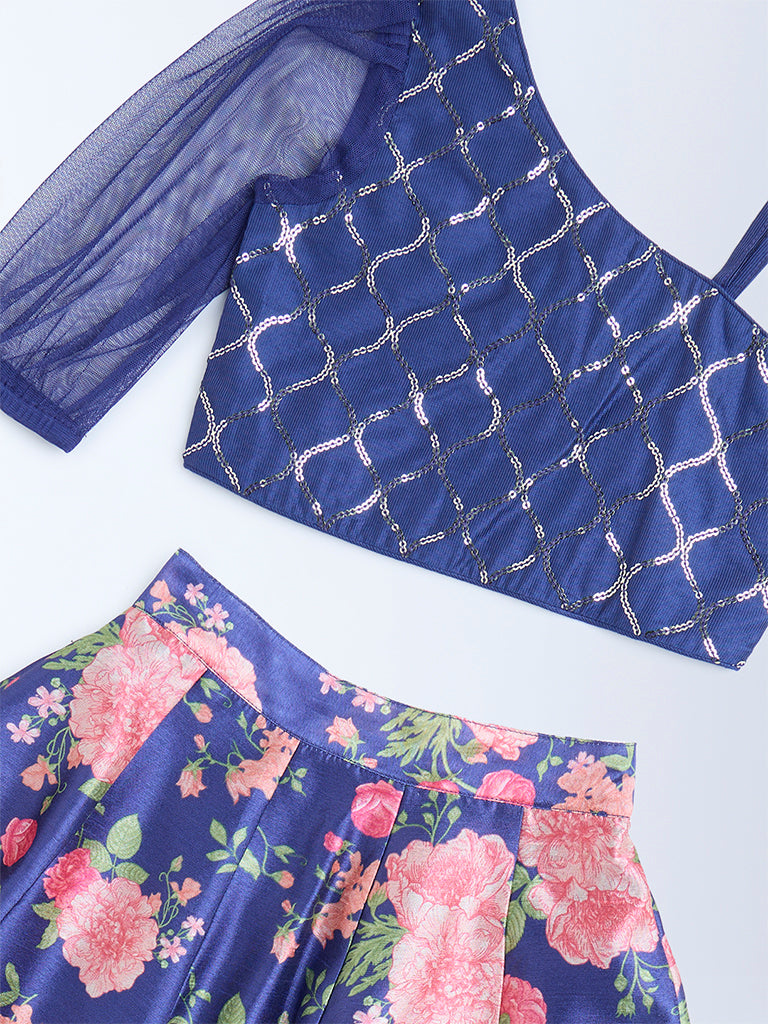 Utsa Kids Navy Floral Detailed Ethnic Set - (2-8yrs)
