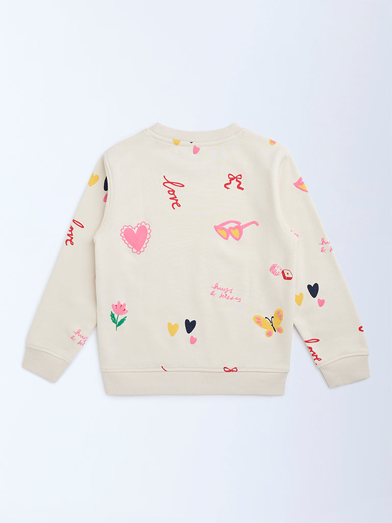 HOP Kids Light Beige Printed Cotton-Blend Sweatshirt
